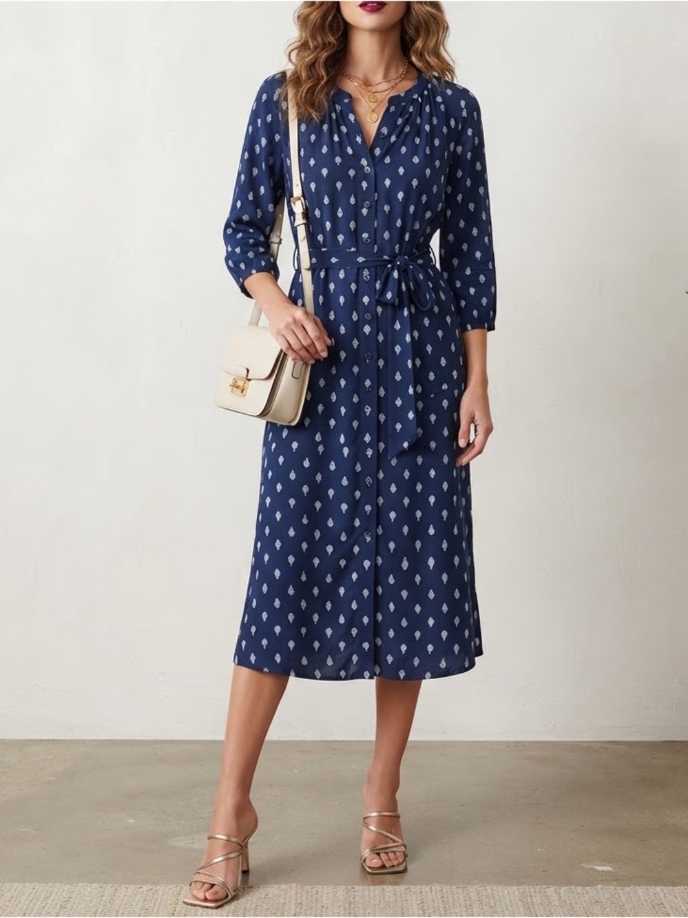 C. Est 1946 Navy Blue Printed Midi Dress 3/4 Sleeve Tie Waist Smocked Neck🧡